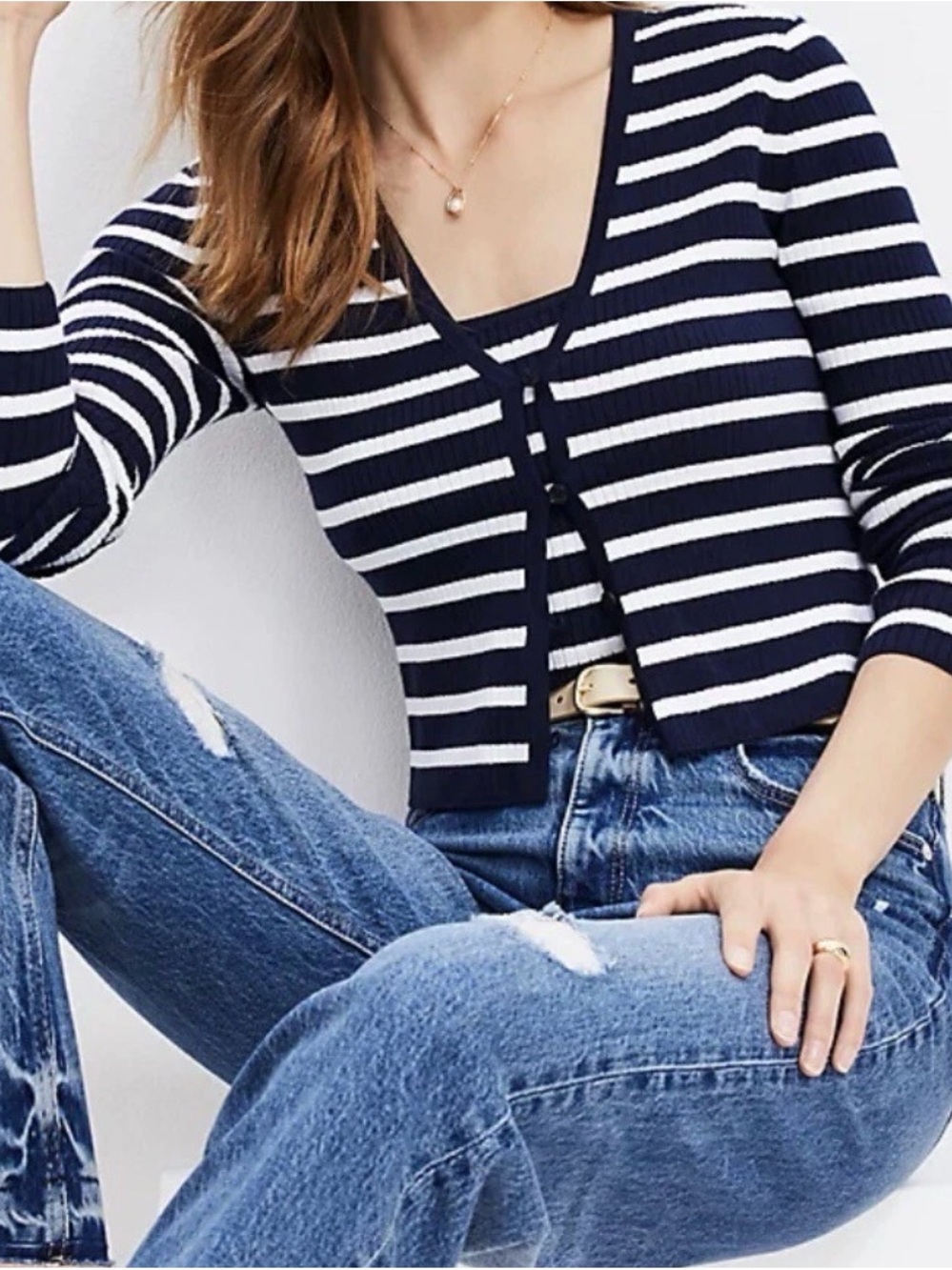 LOFT Navy & White Striped Button-Front Cropped Cardigan and Tank - Picture 2 of 5
